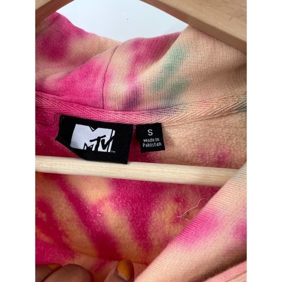 MTV Logo Unisex S Small Multicolor Tie Dye Smiley Face Hooded Sweatshirt NWOT - Picture 3 of 4